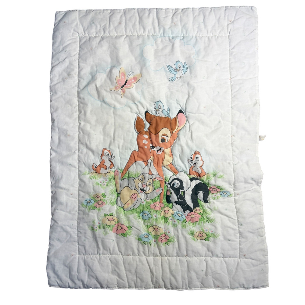 Vintage 1990s Dundee Disney Bambi & Friends Baby Crib Quilt Blanket USA 42"
